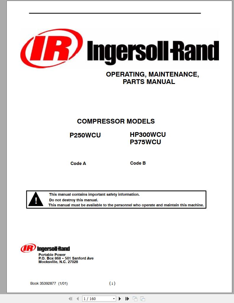 Ingersoll Rand Portable Compressor P250 Parts Manual Operation and Maintenance Manual 2012