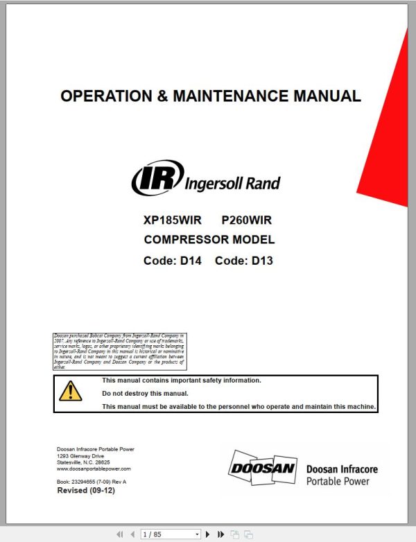 Ingersoll Rand Portable Compressor P260 Parts Manual Operation and Maintenance Manual 2012