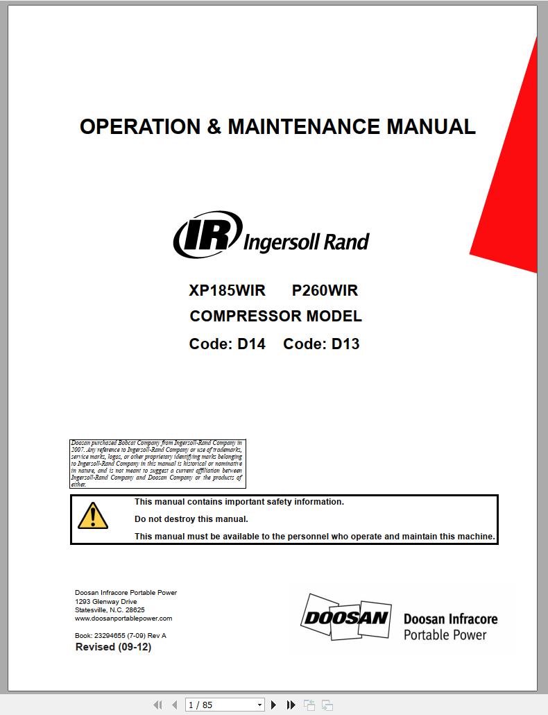 Ingersoll Rand Portable Compressor P260 Parts Manual Operation and Maintenance Manual 2012
