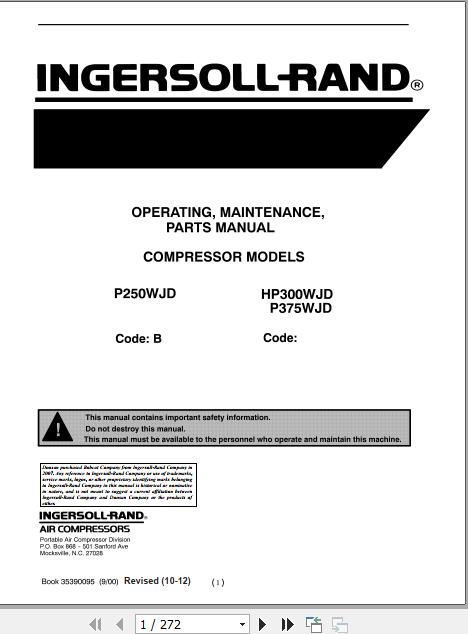 Ingersoll Rand Portable Compressor P375 Operation and Maintenance Manual 2012 1