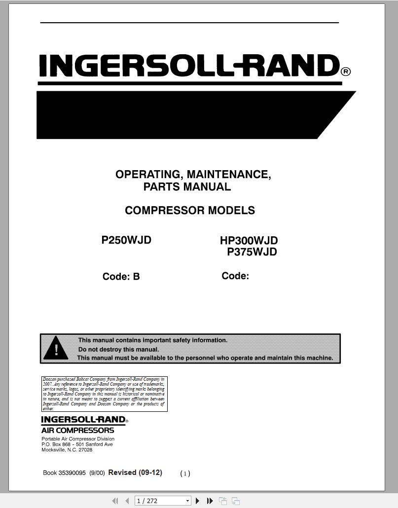 Ingersoll Rand Portable Compressor P375 Parts Manual Operation and Maintenance Manual 2012