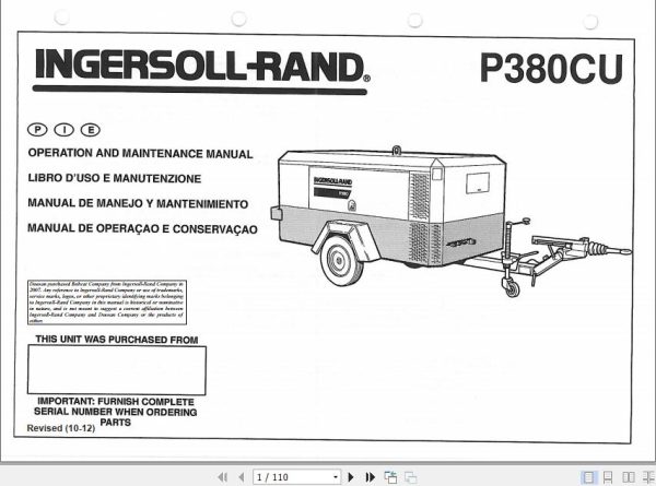 Ingersoll Rand Portable Compressor P380 Operation and Maintenance Manual 2012