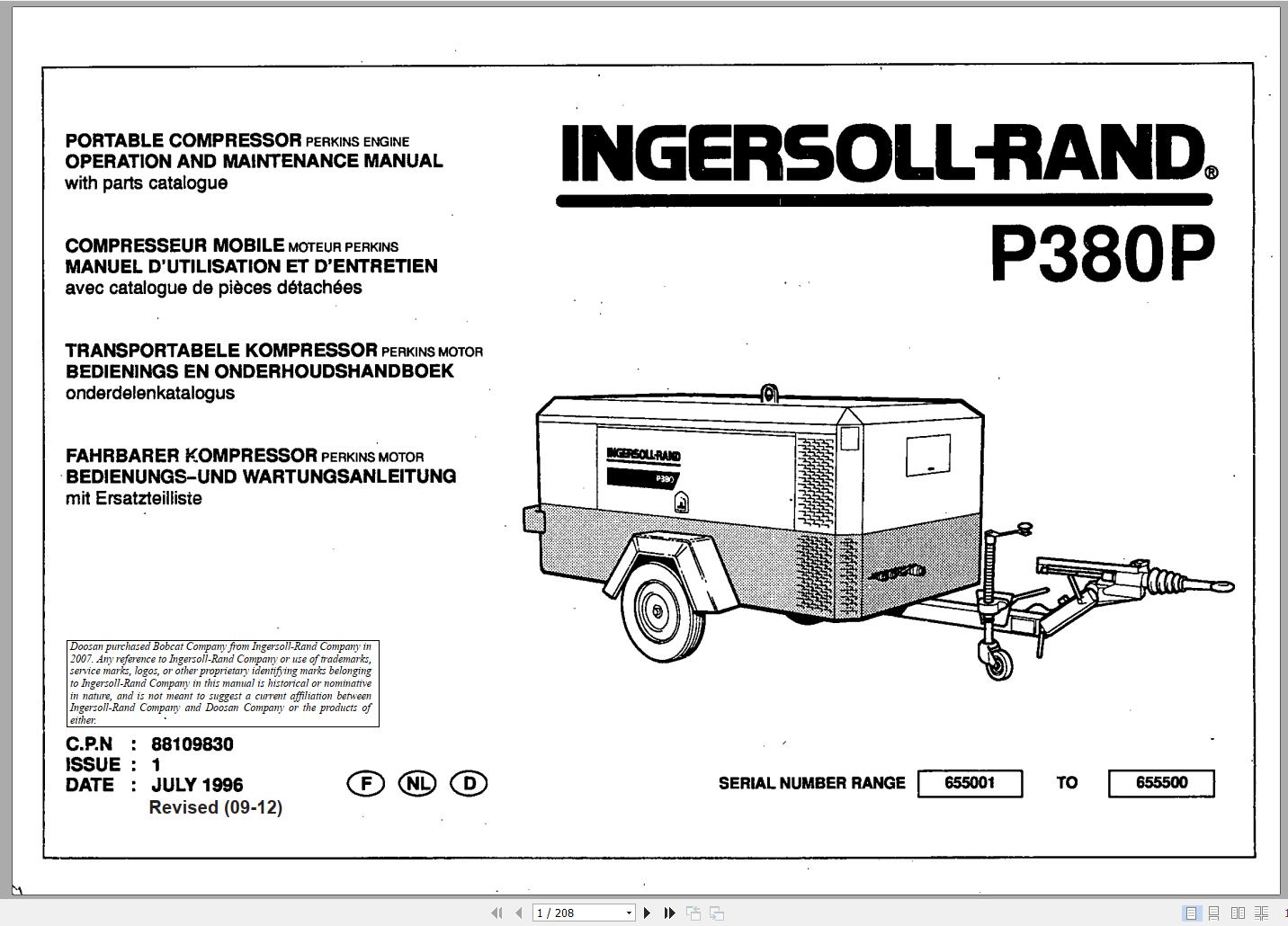 Ingersoll Rand Portable Compressor P380 Parts Manual Operation and Maintenance Manual 2012