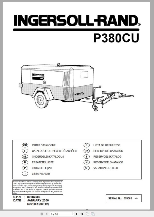 Ingersoll Rand Portable Compressor P380CU Parts Manual 2012