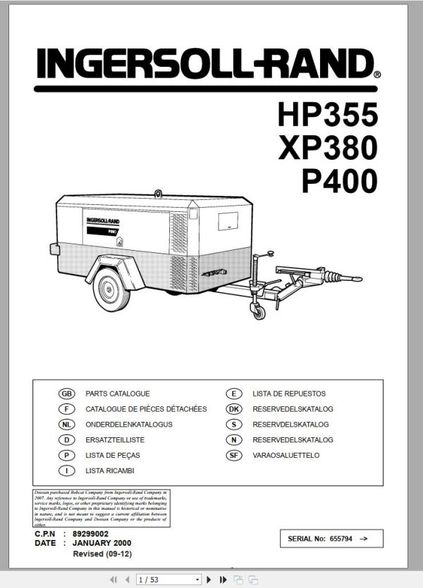 Ingersoll Rand Portable Compressor P400 Parts Manual 2012