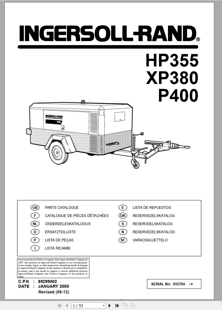 Ingersoll Rand Portable Compressor P400 Parts Manual 2012
