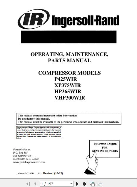 Ingersoll Rand Portable Compressor P425 Operating and Maintenance Manual 2012 1