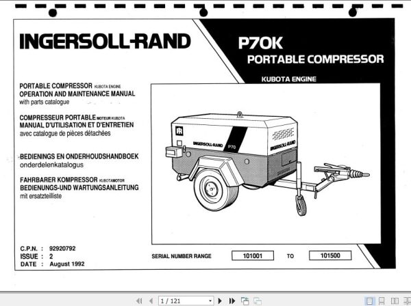 Ingersoll Rand Portable Compressor P70 Operation and Maintenance Manual 1998