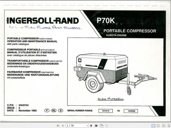 Ingersoll Rand Portable Compressor P70 Operation and Maintenance Manual 1998 1