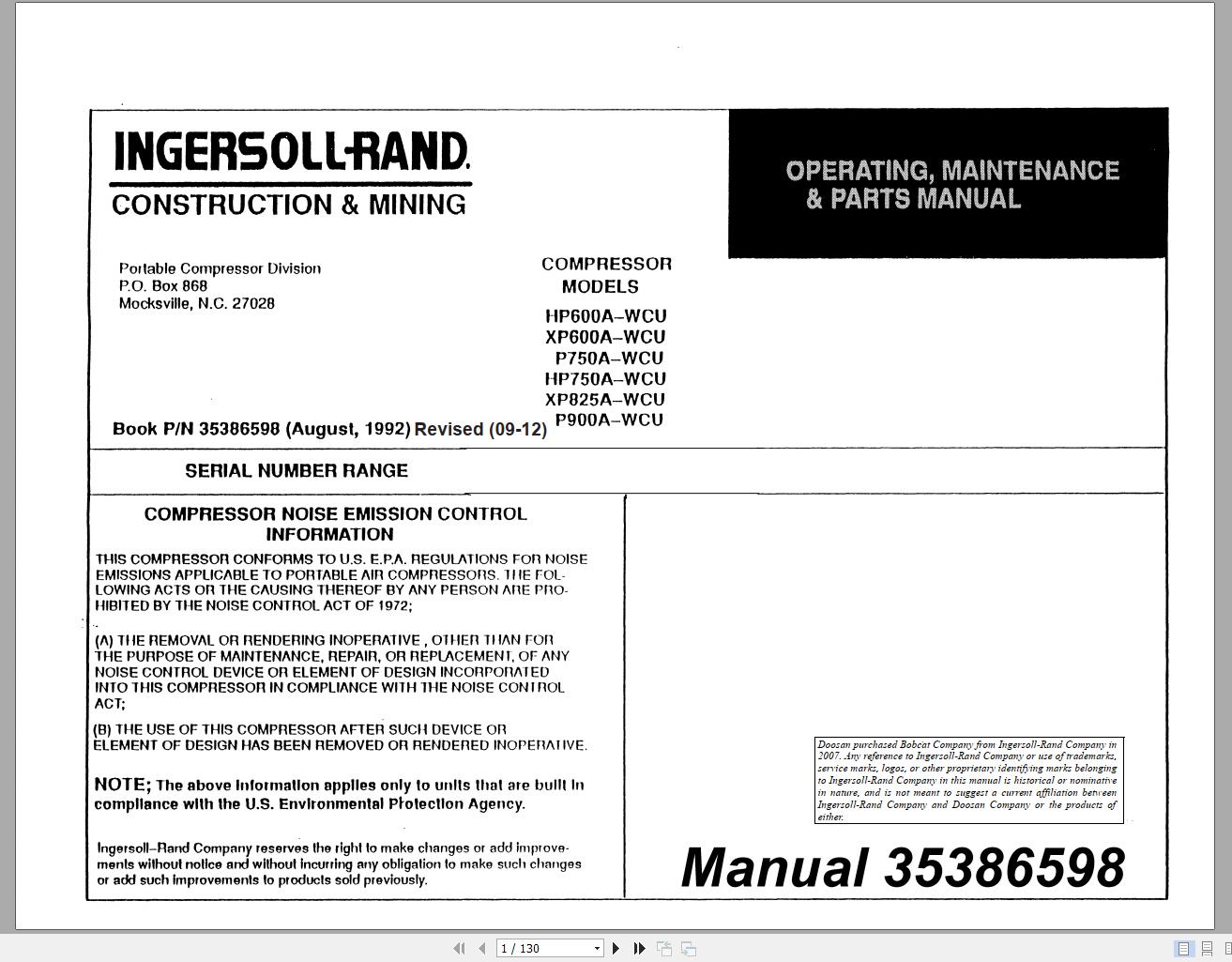 Ingersoll Rand Portable Compressor P750 Parts Manual Operation and Maintenance Manual 2012