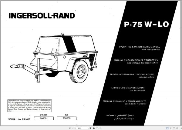 Ingersoll Rand Portable Compressor P75WLO Parts Manual Operation and Maintenance Manual 2012