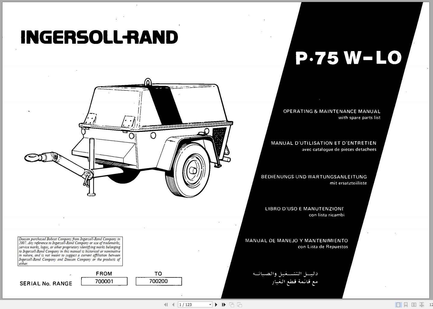 Ingersoll Rand Portable Compressor P75WLO Parts Manual Operation and Maintenance Manual 2012