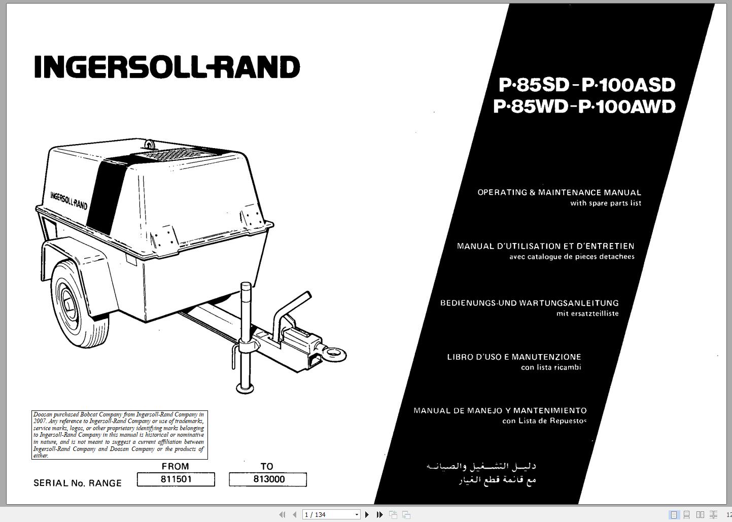 Ingersoll Rand Portable Compressor P85 Parts Manual Operation and Maintenance Manual 2012