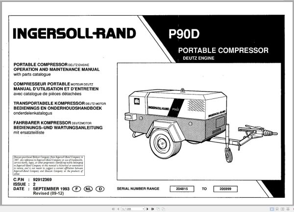 Ingersoll Rand Portable Compressor P90 Parts Manual Operation and Maintenance Manual 2012