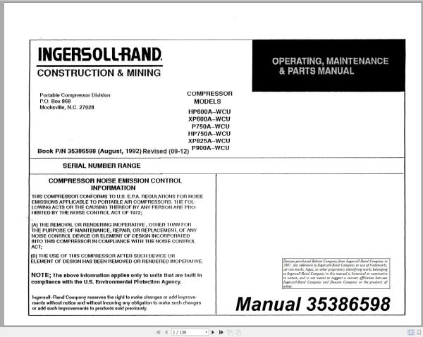 Ingersoll Rand Portable Compressor P900 Parts Manual Operation and Maintenance Manual 2012