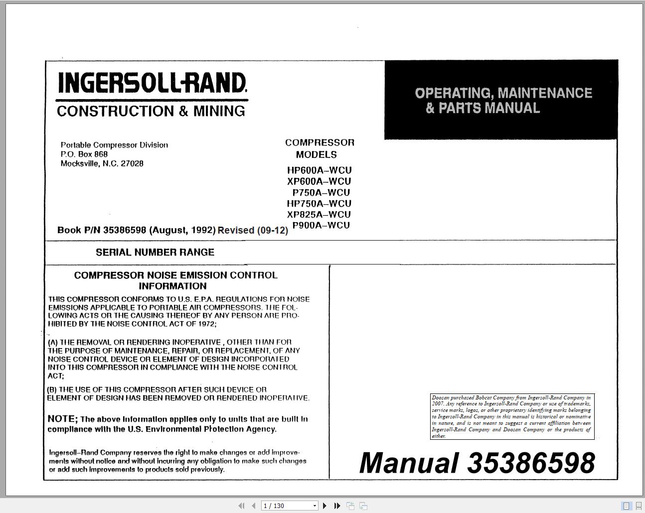Ingersoll Rand Portable Compressor P900 Parts Manual Operation and Maintenance Manual 2012