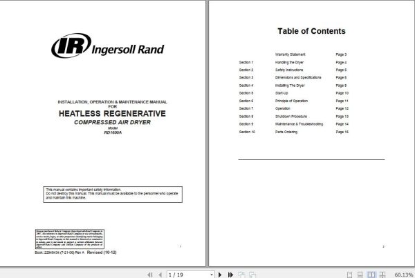 Ingersoll Rand Portable Compressor RD1600 Installation Operation and Maintenance Manual 2012