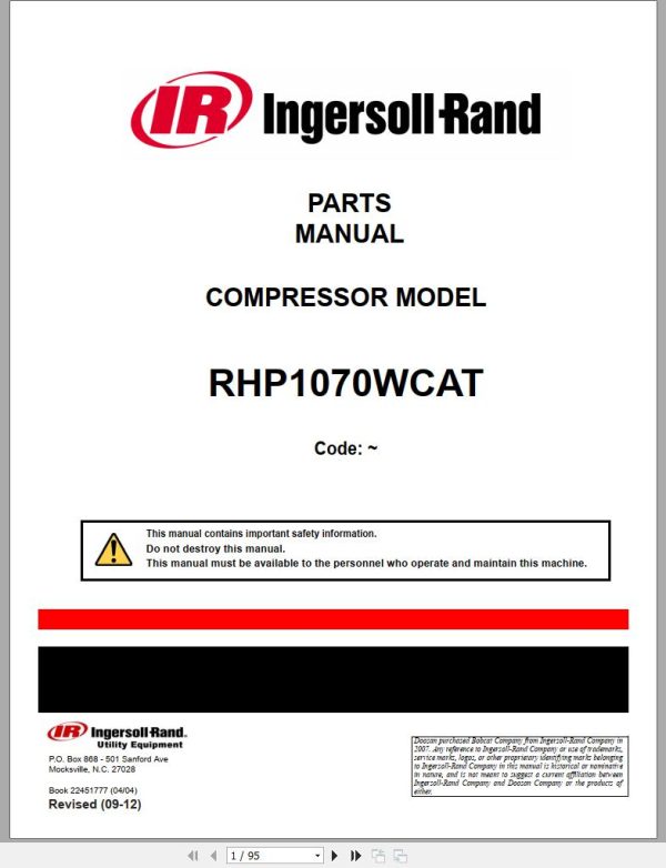 Ingersoll Rand Portable Compressor RHP1070 Parts Manual 2012