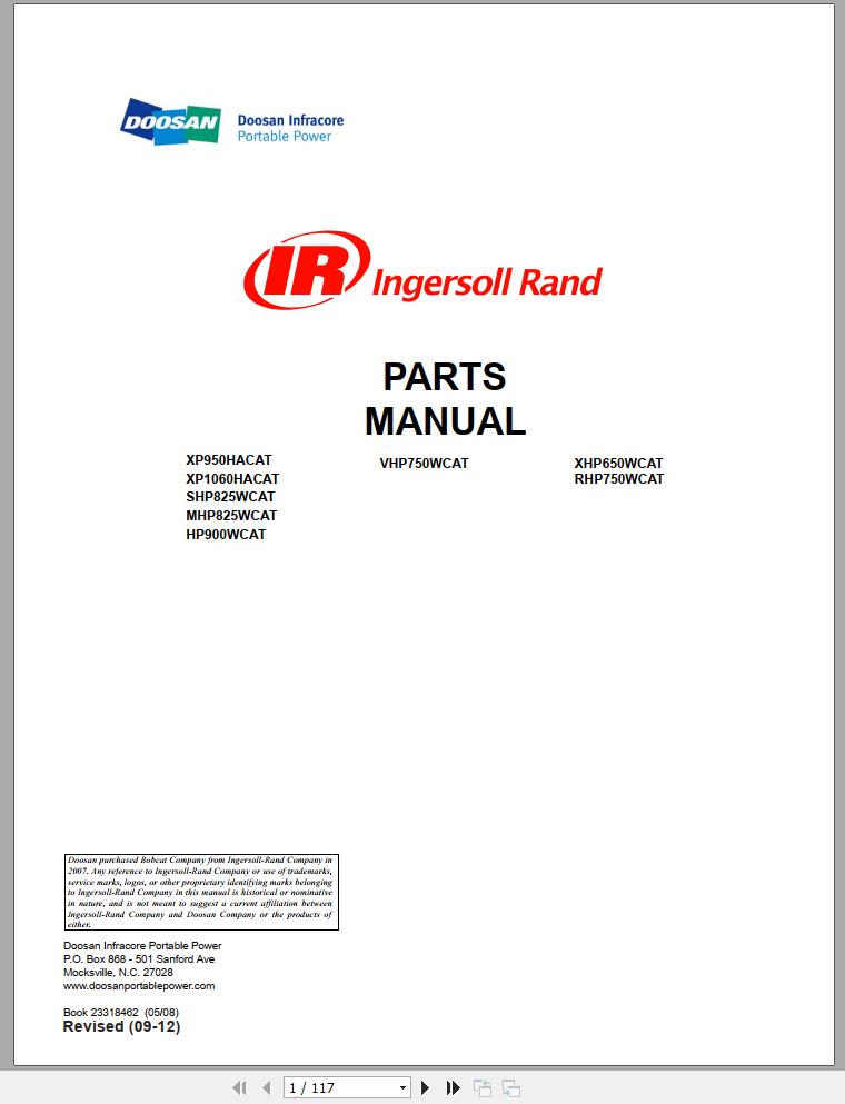 Ingersoll Rand Portable Compressor RHP750 Parts Manual 2012