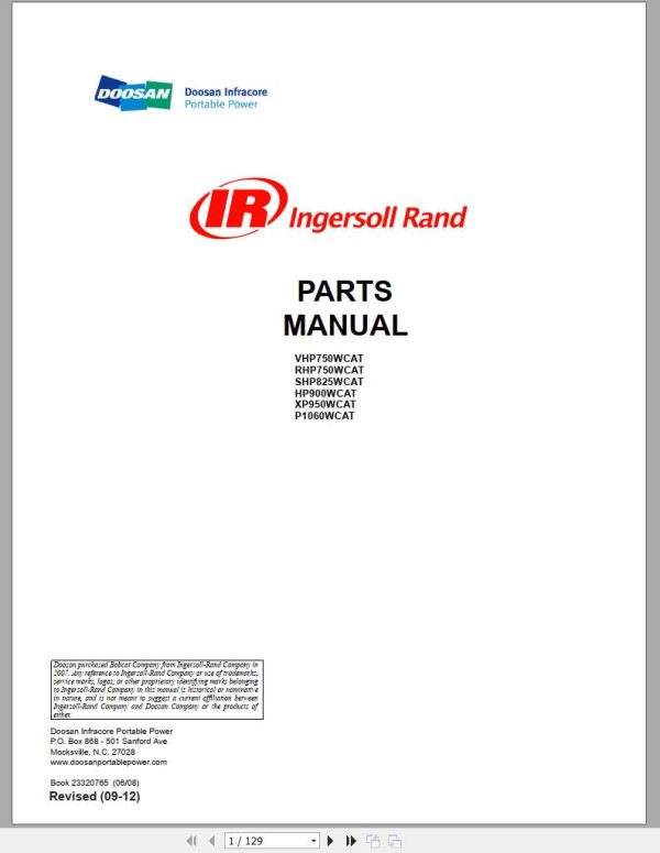 Ingersoll Rand Portable Compressor RHP750 Parts Manual 2012 1