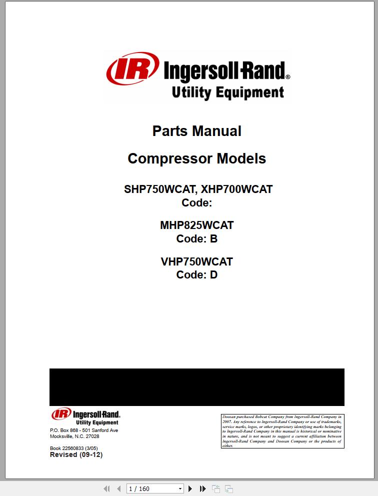Ingersoll Rand Portable Compressor SHP750 Parts Manual Operation and Maintenance Manual 2012