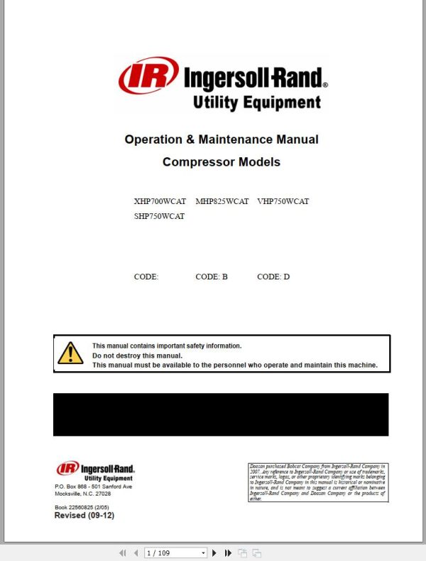 Ingersoll Rand Portable Compressor SHP750 Parts Manual Operation and Maintenance Manual 2012 1
