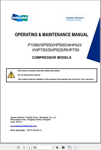 Ingersoll Rand Portable Compressor SHP825 Operating and Maintenance Manual 2012 1