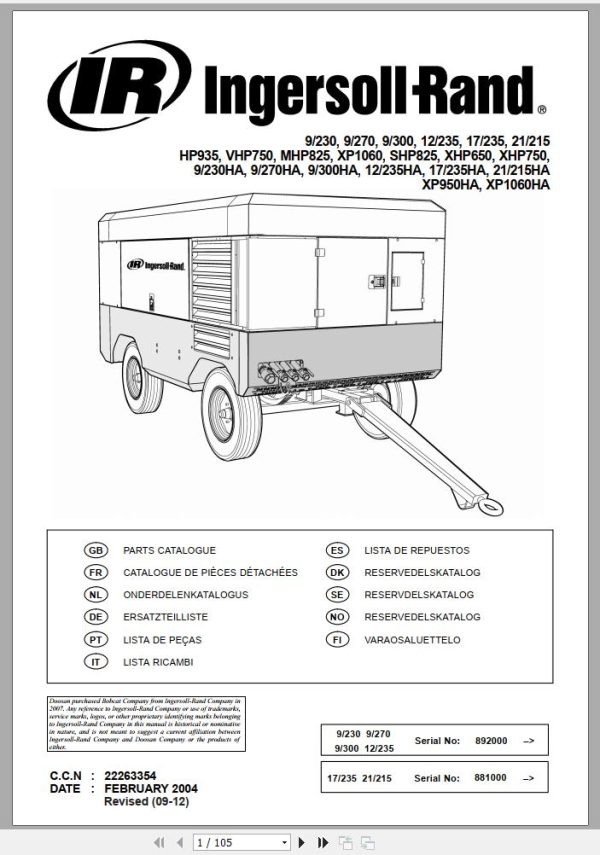 Ingersoll Rand Portable Compressor SHP825 Parts Manual 2012