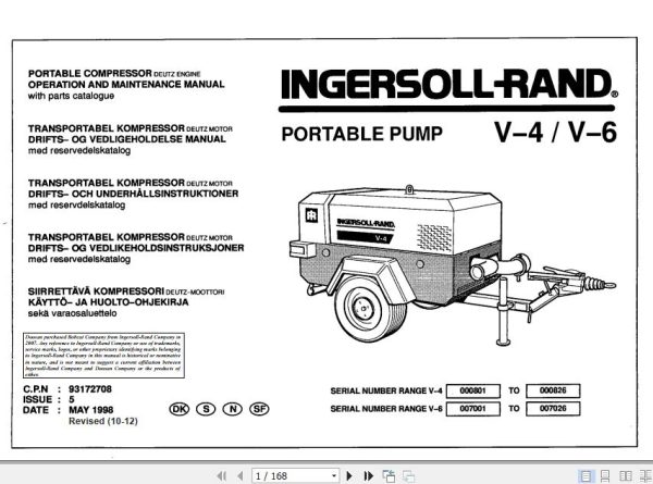 Ingersoll Rand Portable Compressor V4 Operation and Maintenance Manual 2012