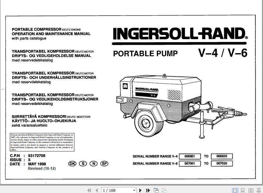 Ingersoll Rand Portable Compressor V6 Operation and Maintenance Manual 2012