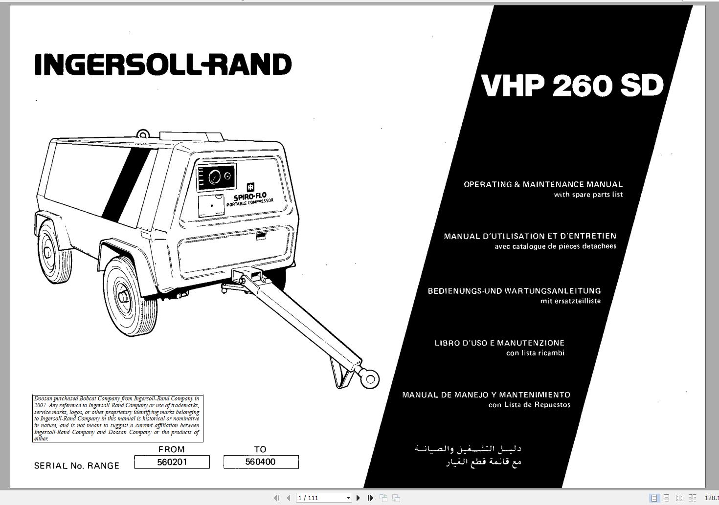 Ingersoll Rand Portable Compressor VHP260SD Parts Manual Operation and Maintenance Manual 2012