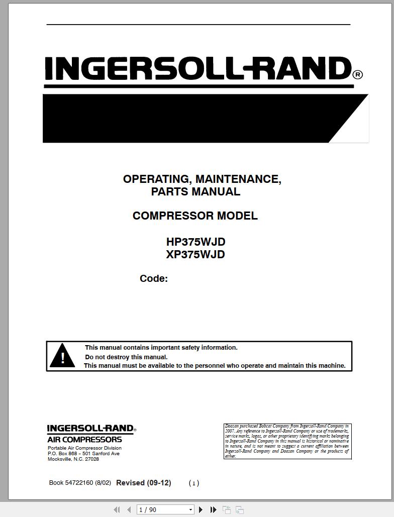 Ingersoll Rand Portable Compressor VHP300 Parts Manual Operation and Maintenance Manual 2015