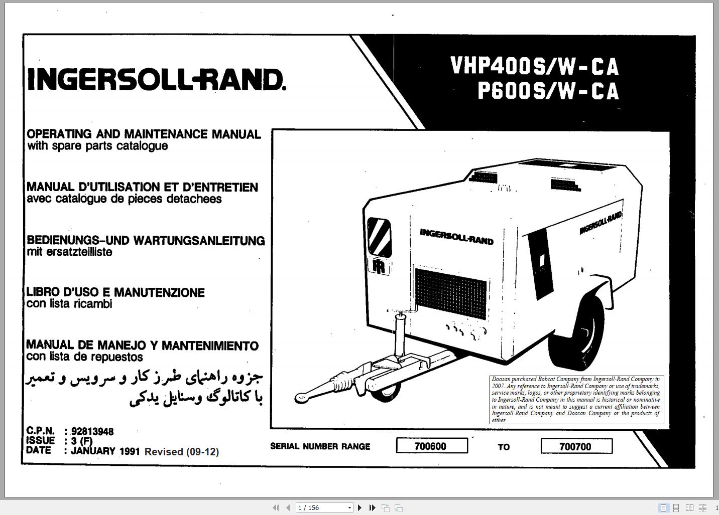 Ingersoll Rand Portable Compressor VHP400 P600 Parts Manual Operation and Maintenance Manual 2012