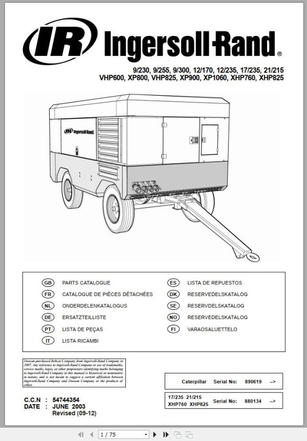 Ingersoll Rand Portable Compressor VHP600 Parts Manual 2012