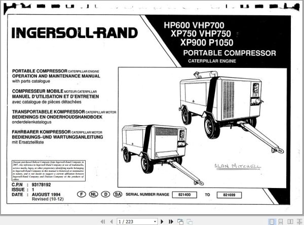 Ingersoll Rand Portable Compressor VHP700 Operation and Maintenance Manual 2012