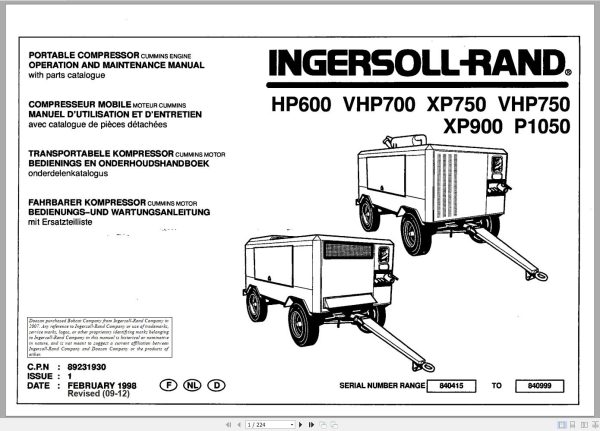 Ingersoll Rand Portable Compressor VHP700 Parts Manual Operation and Maintenance Manual 2012