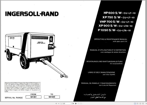 Ingersoll Rand Portable Compressor VHP700 Parts Manual Operation and Maintenance Manual 2012 1