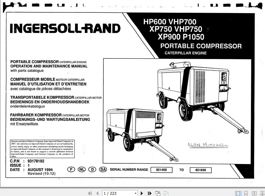 Ingersoll Rand Portable Compressor VHP750 Operation and Maintenance Manual 2012