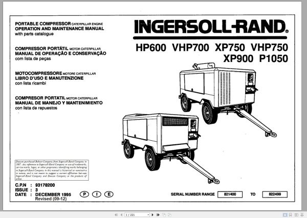 Ingersoll Rand Portable Compressor VHP750 Parts Manual Operation and Maintenance Manual 2012