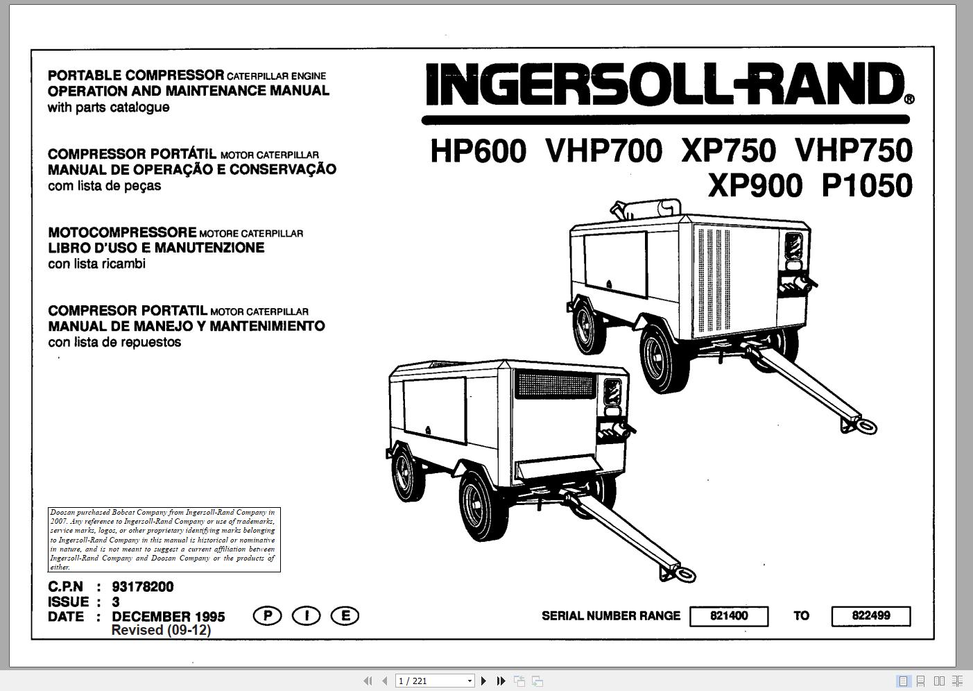 Ingersoll Rand Portable Compressor VHP750 Parts Manual Operation and Maintenance Manual 2012