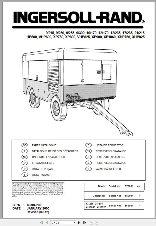 Ingersoll Rand Portable Compressor VHP825 Parts Manual 2012