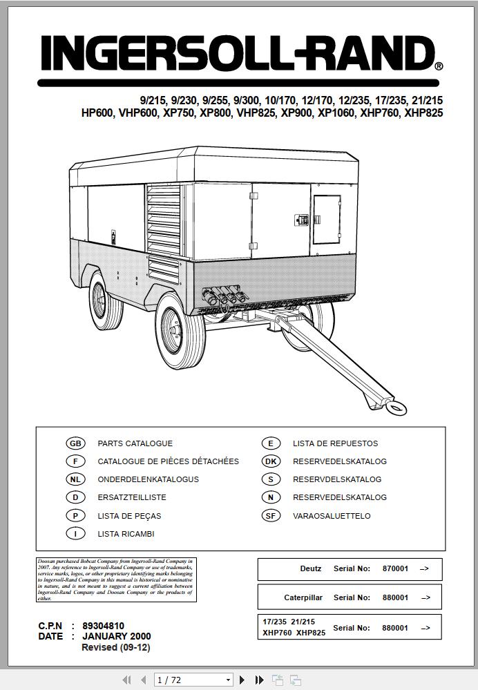 Ingersoll Rand Portable Compressor VHP825 Parts Manual 2012