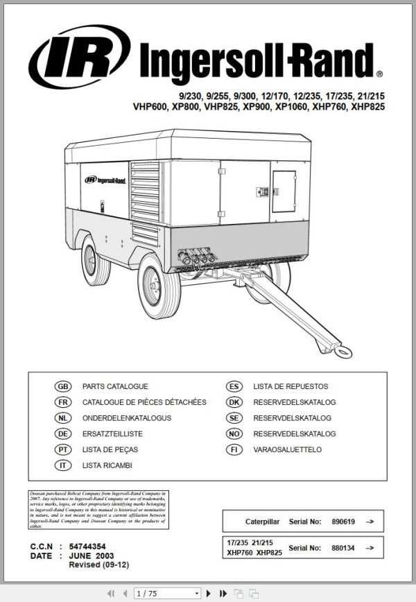 Ingersoll Rand Portable Compressor VHP825 Parts Manual 2012 1