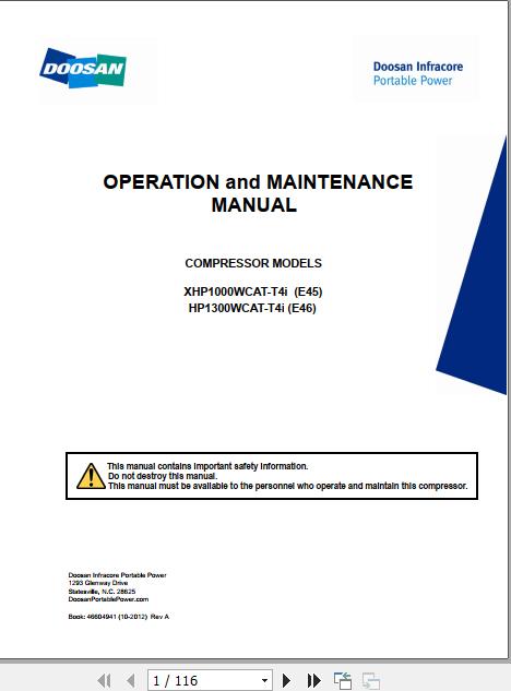 Ingersoll Rand Portable Compressor XHP1000 Operation and Maintenance Manual 2012 1