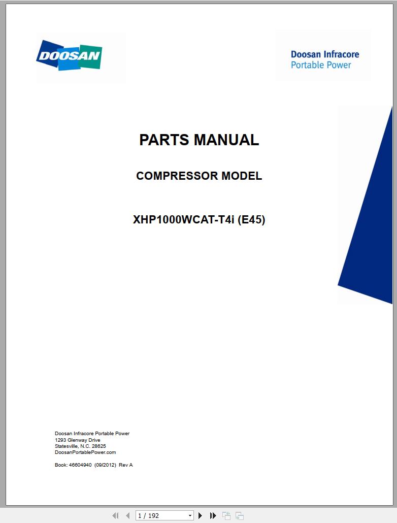 Ingersoll Rand Portable Compressor XHP1000 Parts Manual 2012