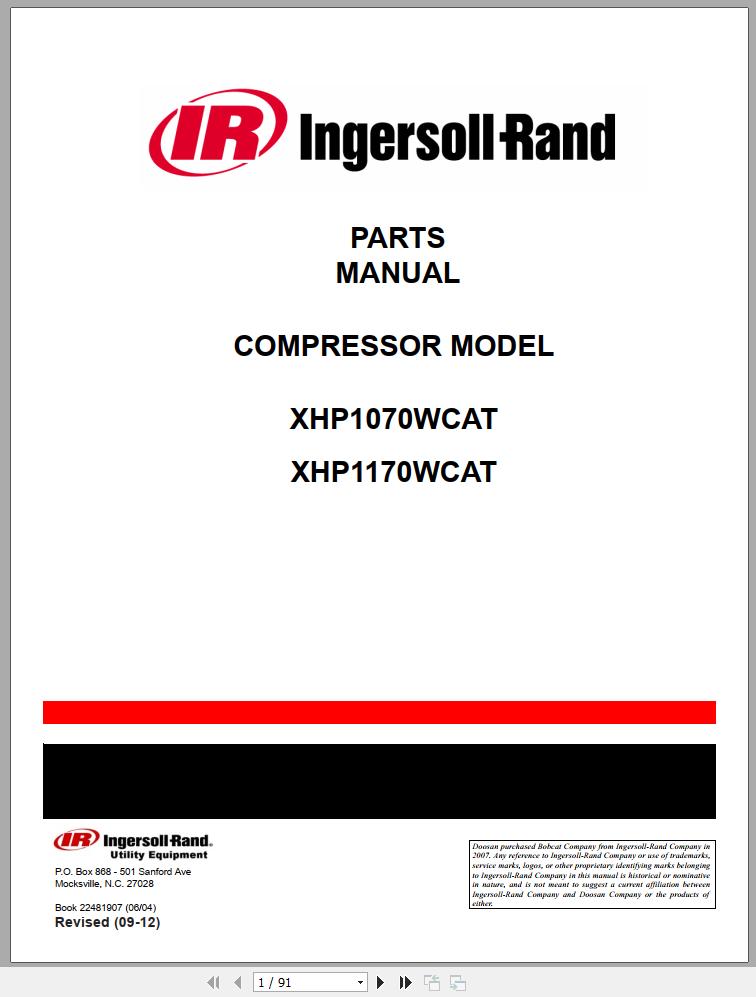 Ingersoll Rand Portable Compressor XHP1070 Parts Manual Operation and Maintenance Manual 2015