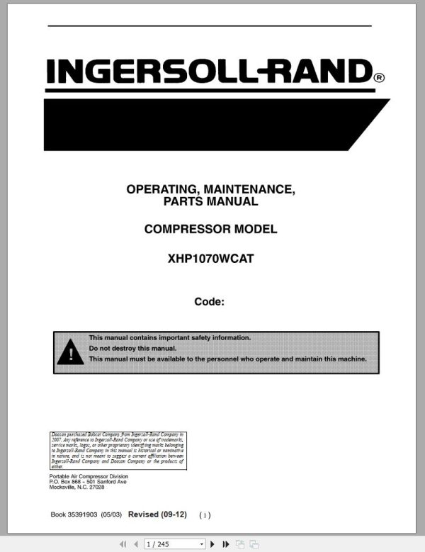 Ingersoll Rand Portable Compressor XHP1070 Parts Manual Operation and Maintenance Manual 2015 1