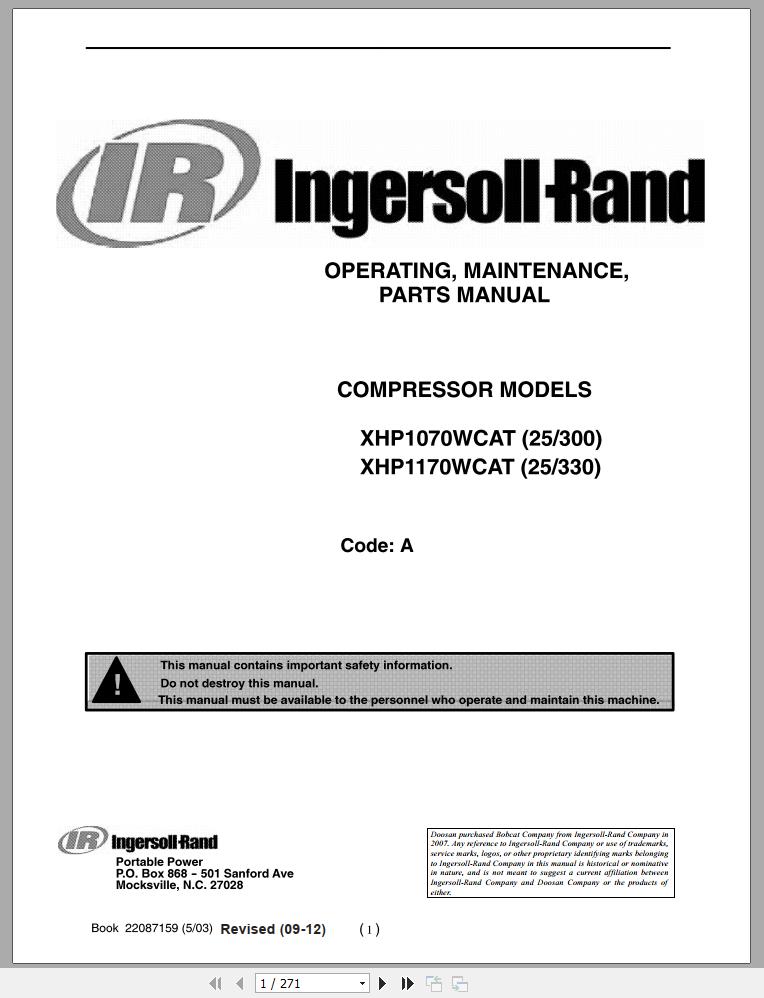 Ingersoll Rand Portable Compressor XHP1170 Parts Manual Operation and Maintenance Manual 2015