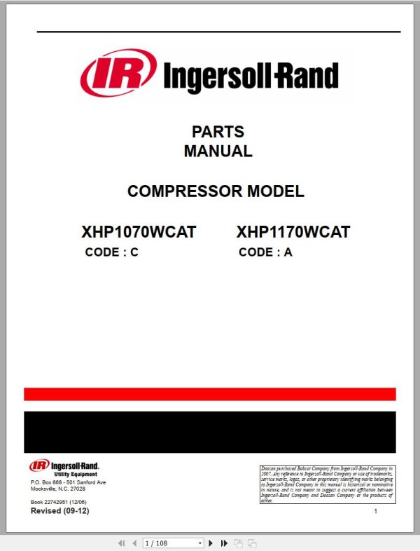 Ingersoll Rand Portable Compressor XHP1170 Parts Manual Operation and Maintenance Manual 2015 1
