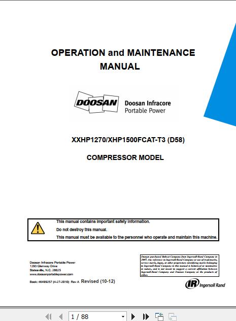 Ingersoll Rand Portable Compressor XHP1500 Operation and Maintenance Manual 2012 1